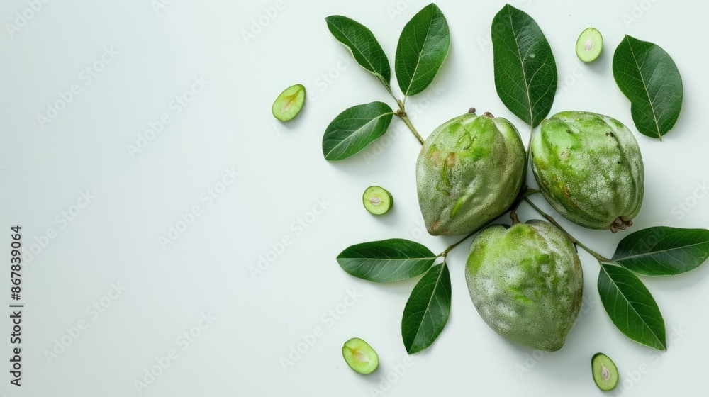 Poster feijoa shaped heart on white background with vitamin and immunity concepts flat lay view with space 