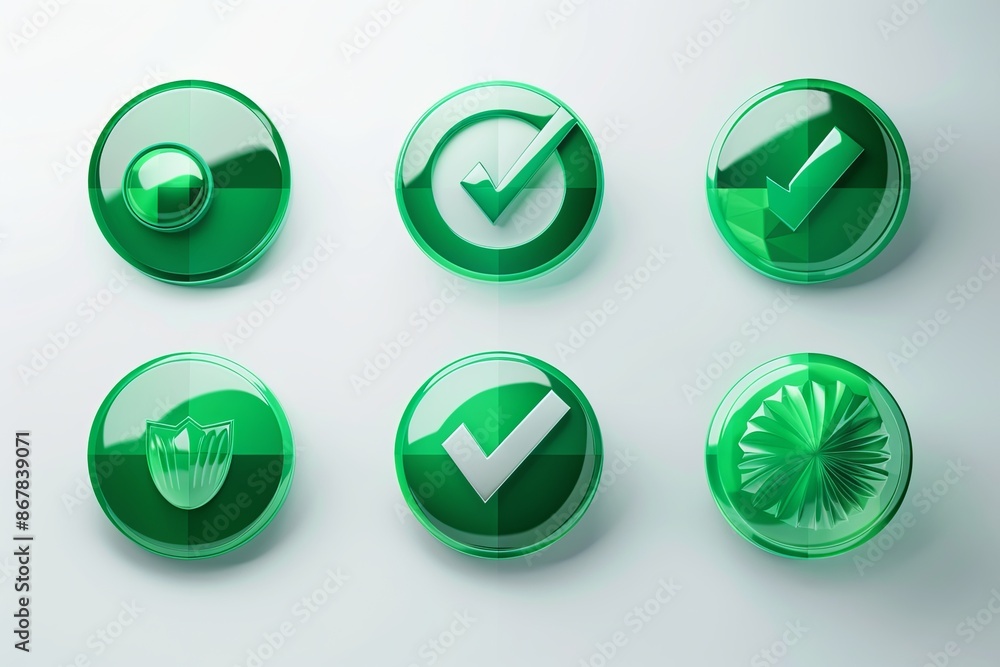 Poster Six green glass buttons with different checkmark designs arranged in two rows of three on a white surface. Generative AI