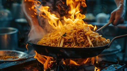 fried noodles cook in pan with big fire flame is hong kong style. Pad Thai favorite and famous Asian Thai street fast food in hot pan, Pad Thai is fried rice noodle dish a street food Thailand