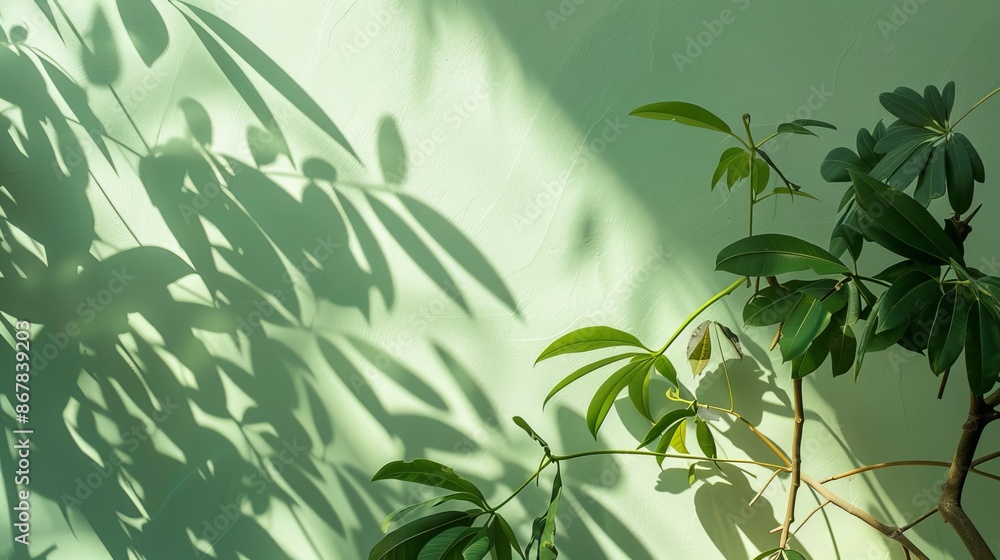 Wall mural This image captures a green leafy plant casting beautiful shadows on a light green wall, bathed in sunlight, which evokes a serene and natural ambiance indoors.