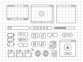 Collage of user interface elements, UI and UX themes. Fashionable case in the vaporwave style of the 80s-90s, retrowave aesthetics.