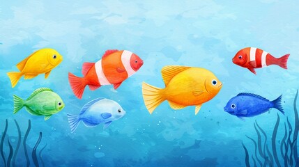 Naklejka premium A school of colorful tropical fish swimming in clear blue water, Watercolor, Varied hues, Lively