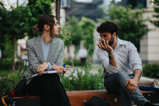 A man and a woman sitting on a park bench engaged in a serious discussion, surrounded by greenery. They seem involved in an intense conversation.