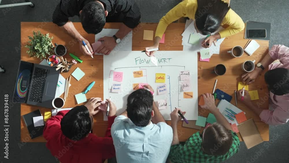 Poster top view of smart business man put scrum board on table at meeting room while marketing team prepari