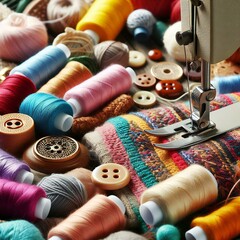 A table full of yarn and a sewing machine.
