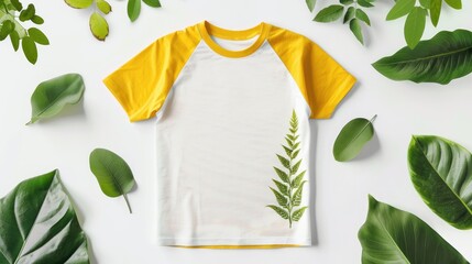 Cotton T Shirt Mockup with Yellow Sleeve and Nature Elements on White Background
