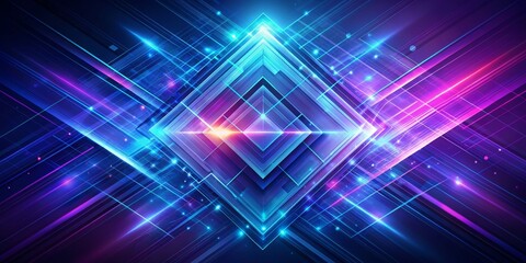 Abstract Blue and Purple Neon Lights with Glowing Diamond Shape - Digital Art Background