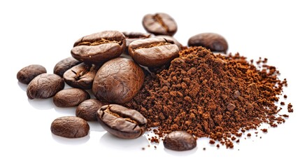 Fototapeta premium Freshly roasted coffee beans and grounds with drink image on white background