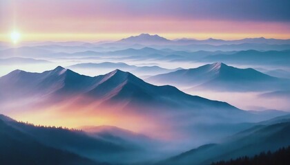 Fototapeta premium mountain layers and sunrise view in cold and foggy weather. 