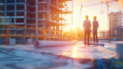 Obraz premium Construction Workers Looking At Blueprint With Sunset In Background - construction, workers, blueprint, sunset, building, construction site, golden hour, architecture, project, planning