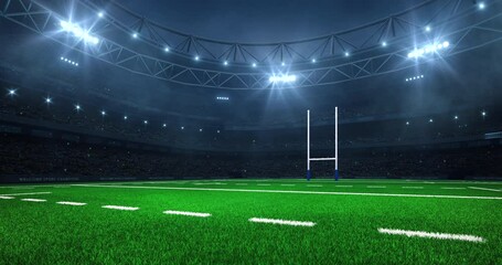 Modern sport stadium at night and rugby field with goalpost ready for the match. Sports background as 4K video loop for advertising.
