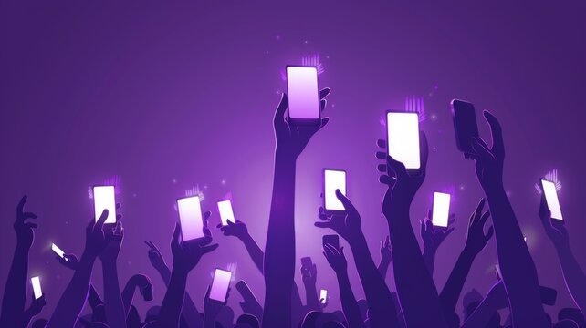 Crowd of Silhouettes Holding Smartphones Up In The Air At A Concert - crowd, silhouette, phone, smartphone, concert, music, hand, purple, background, digital