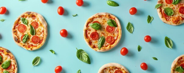 A slice of pizza with tomatoes and basil on a blue background. The pizza is cut into four pieces. Free copy space for text.