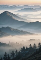 Obraz premium mountain layers and sunrise view in cold and foggy weather. 