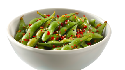  Spicy edamame, garnished with red pepper flakes, displayed in a porcelain bowl on a pure white 