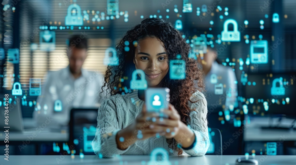 Poster woman using smartphone in modern office represented digitally. cybersecurity concept with floating d