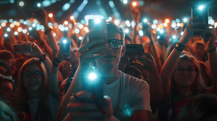 Crowd on the concert holding smartphones with flash turn on. People in the concert making video during the show.