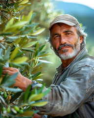 Fototapeta premium Olive harvest. Portrait of a farmer picking olives in the garden