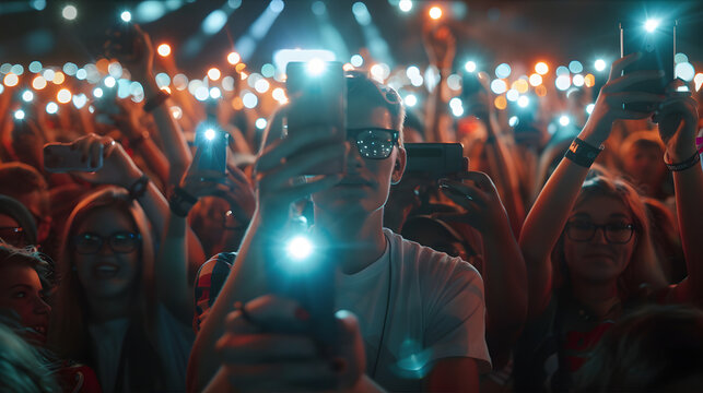 Crowd on the concert holding smartphones with flash turn on. People in the concert making video during the show.