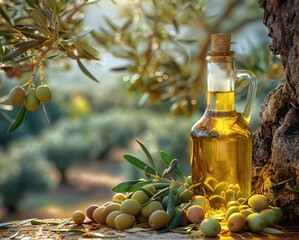 Bottle of olive oil with olives around it, placed on textured cloth, against background of olive trees