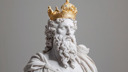 Fototapeta premium Marble Bust of a King Wearing a Golden Crown - king, marble, bust, crown, gold, statue, sculpture, royalty, white, classical