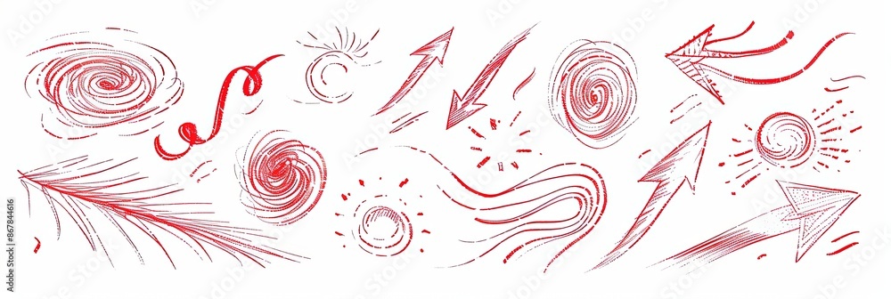 Poster this image shows hand-drawn red swirls, arrows, and feathers on a white background. generative ai