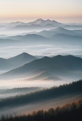 Fototapeta premium mountain layers and sunrise view in cold and foggy weather. 