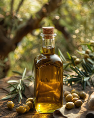 Bottle of olive oil with olives around it, placed on textured cloth, against background of olive trees