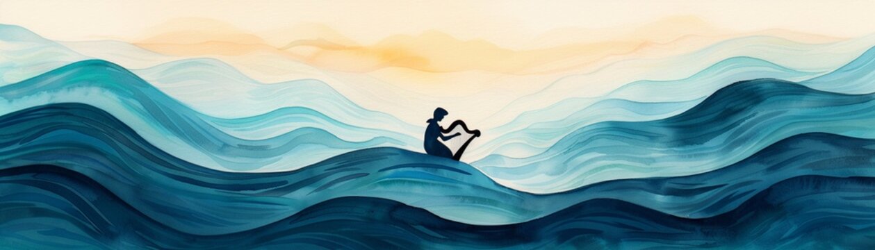 A harpist surrounded by watercolor waves of sound, Ethereal, Watercolor, Soft tones, Delicate