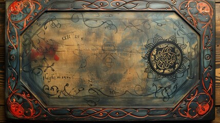 Ornate Wooden Board with Intricate Carvings and Insignia