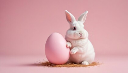 Obraz premium Precious Easter bunny with fluffy white fur and pink paws emerging from a cracked pink egg on a tranquil pastel pink backdrop with space for copy