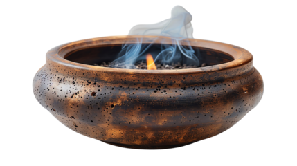 A ceramic bowl with burning incense ,isolate on white background