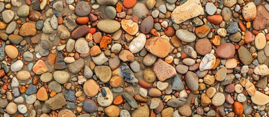 Texture Background of Colored Pebbles on Beach, Rocky and Sandy Design, Moroccan Beach in Red Hue, African Coastal Landscape, Mockup of Sand and Pebbles, Stony Shoreline with Empty Space for Text