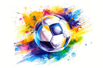 Print in watercolor style graphics with colorful soccer ball for t-shirt prints. for fashion graphics, sport illustrations, silkscreen printing and home decor. Summer Olympic Games in France