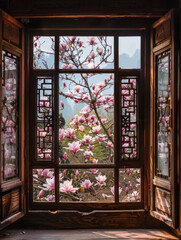 Wooden Window Frame with Pink Magnolia Blossoms - window, wooden, frame, magnolia, blossoms, pink, flowers, tree, spring, nature