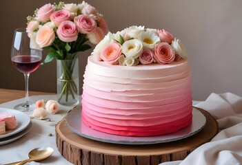 A pink ombre frosted cake with fresh flowers on top, placed on a table with a glass of wine and other decorative elements, roses, flowers, champagne, wine, candles, gold forks