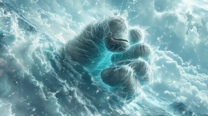 fantastical creature with otherworldly features gracefully floats in the cloud-filled sky and water, surrounded by shimmering light and mysterious energy.