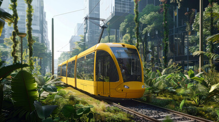 Naklejka premium bright yellow train winds its way through a dense, green forest, its vibrant hue contrasting against the lush surroundings.