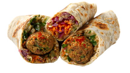  Spicy falafel wrap cut open to reveal its colorful, fiery filling, on a transparent background
