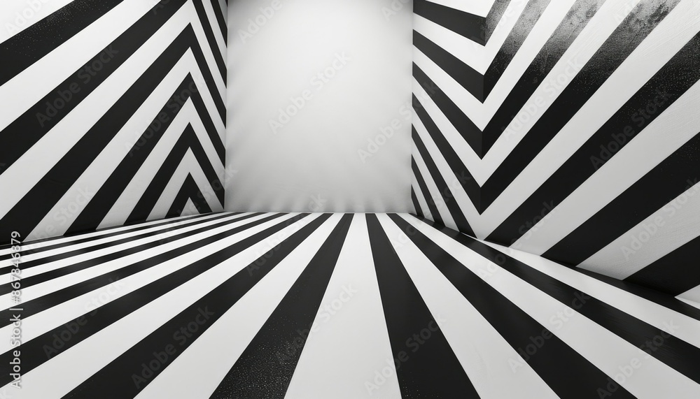 Poster the black and white striped tunnel mesmerizes with its dynamic patterns, creating a captivating opti