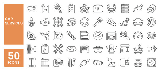 Set of 50 line icons related to car services, spare part, maintenance, auto repair, vehicle wash, Editable stroke. Vector illustration