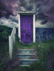 Purple Doorway Leading to Mystery - door, purple, doorway, steps, wooden, sky, overgrown, clouds, mystery, entrance