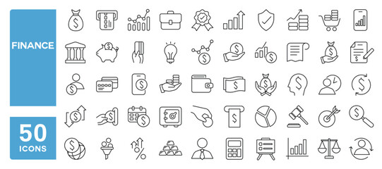 Set of 50 line icons related to finance, payments, money wallet, savings, business profit, Editable stroke. Vector illustration