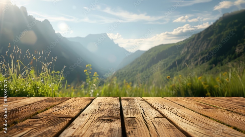Aufkleber wooden table top with blurred mountain and grass background depicting a fresh and relaxing concept f