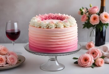 Naklejka premium A pink ombre frosted cake with fresh flowers on top, placed on a table with a glass of wine and other decorative elements, roses, flowers, champagne, wine, candles, gold forks