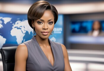 Fototapeta premium Stunning African American female news anchor with radiant skin.