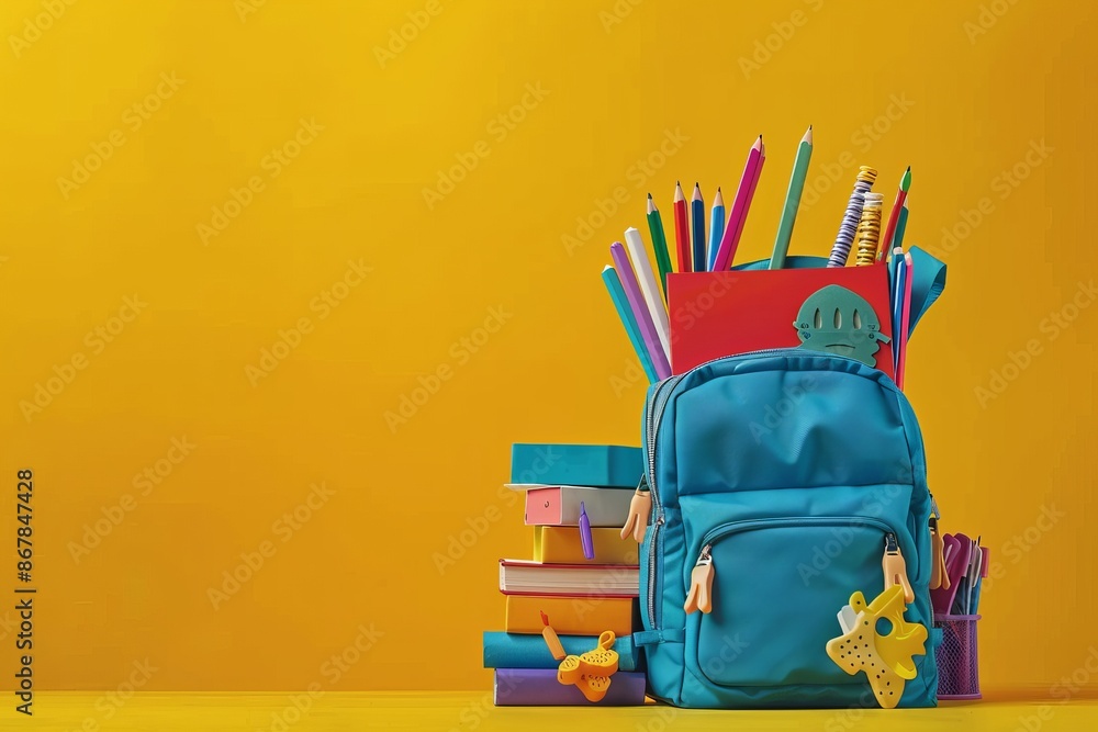 Wall mural a teal backpack packed with various colorful school supplies, such as pencils and books, set against