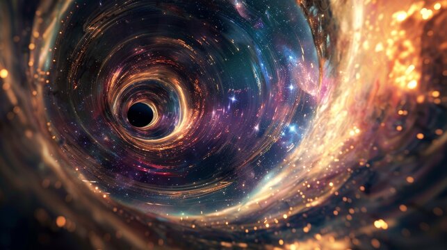 Black hole in deep space with swirling stars, cosmic nebula. Science fiction and astronomical concept