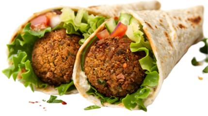  Spicy falafel wrap in cross-section, showing layers of crunchy falafel, crisp lettuce, and spicy sauce, isolated on a transparent background 