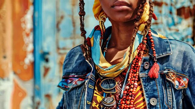 African model with braided hair, wearing colorful beads and scarf